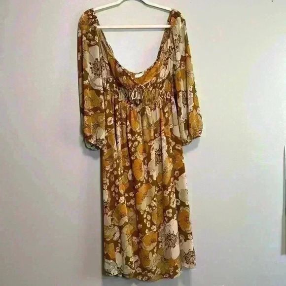 LUSH WOMEN'S CARAMEL MULTI LARGE FLORAL PRINT MIDI DRESS size medium - Picture 4 of 7
